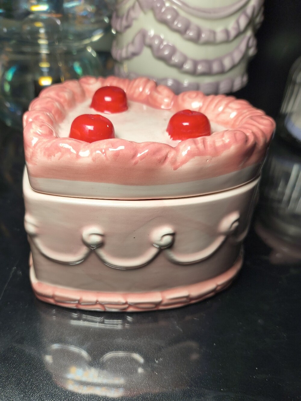 Ceramic Pink Cherry Heart Cake Trinket Jar